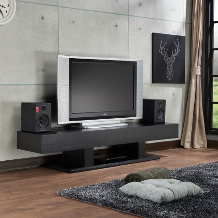Длинный шкаф для телевизора черного цвета с тремя рисунками
